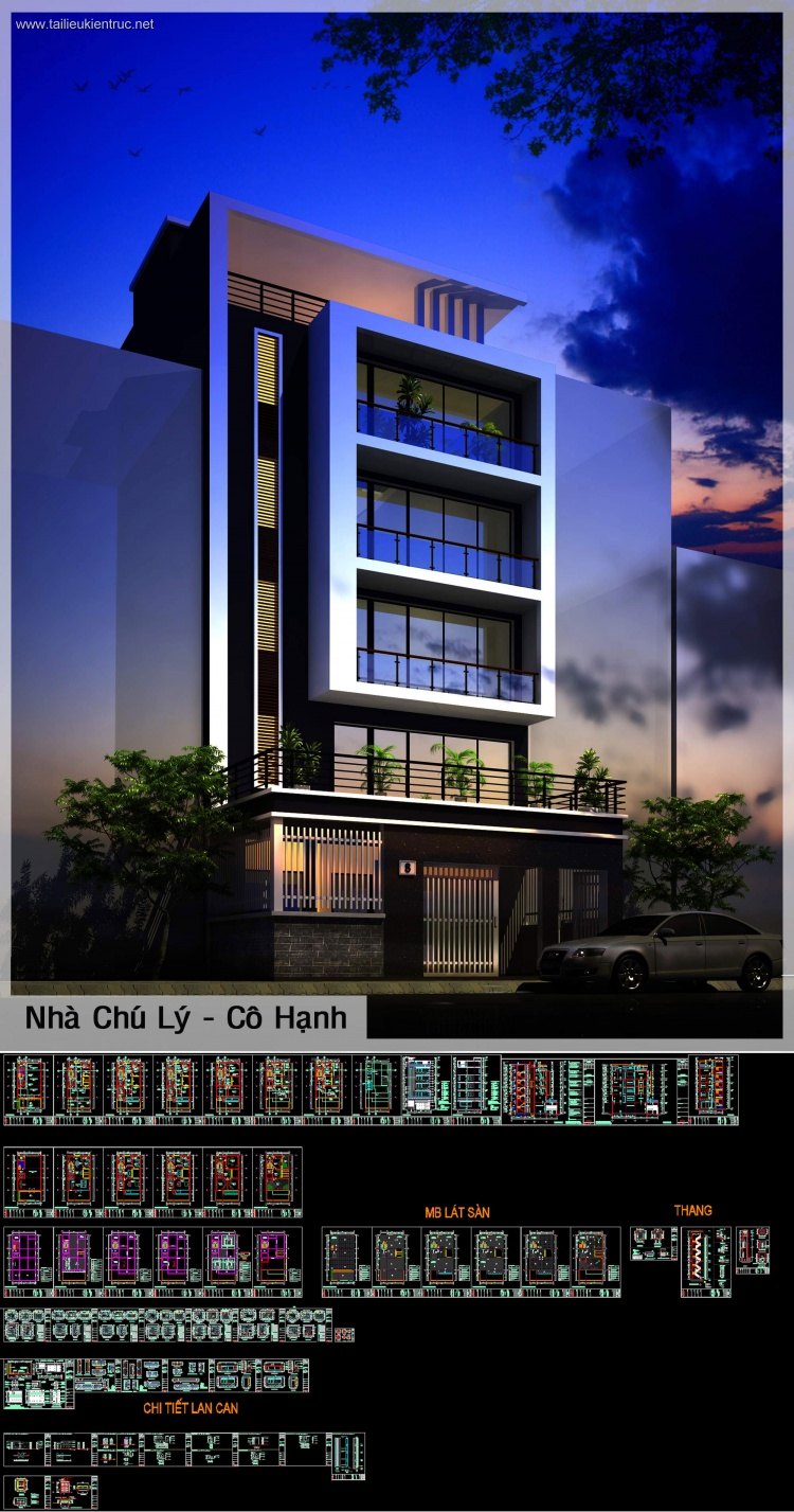 Hồ sơ thiết kế nhà phố 5 tầng có thang máy diện tích 10x19,5m full kiến trúc, kết cấu, điện nước 084