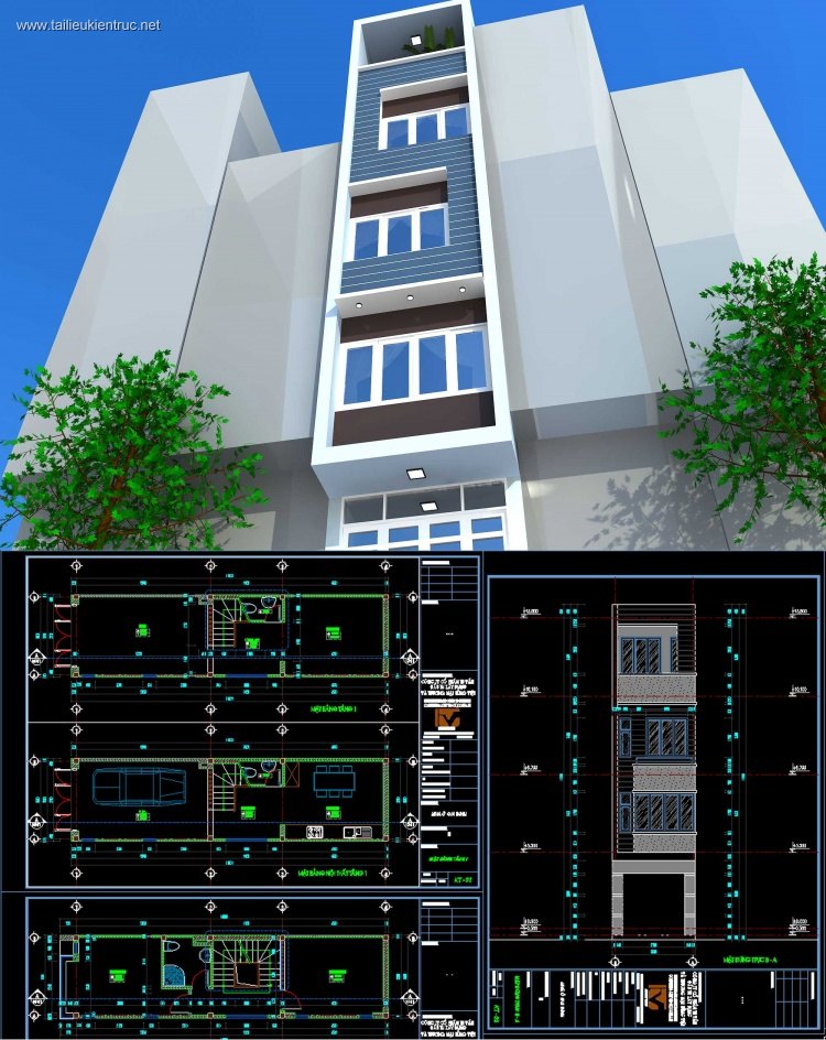 Hồ sơ thiết kế nhà phố lệch tầng 4 tầng diện tích 3,6x14,8m 086