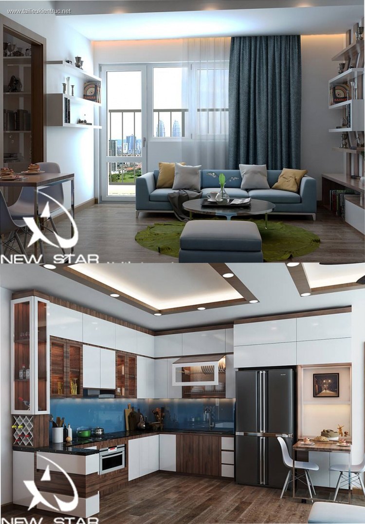 Phối cảnh nội thất 3D phòng khách + Bếp ăn với phong cách Hiện đại và đẹp 00054