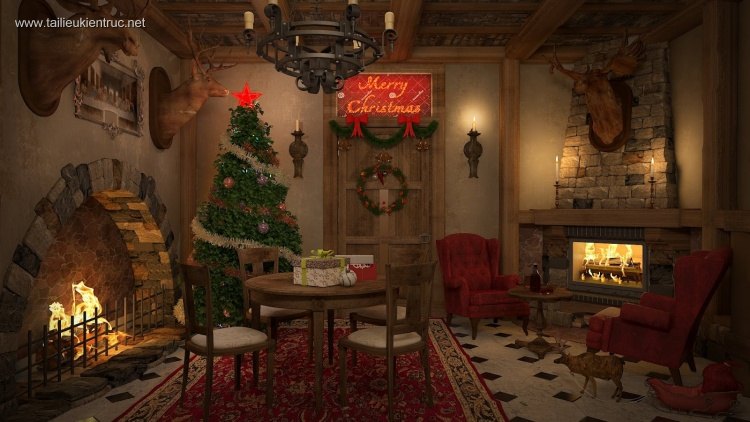 Phối cảnh nội thất 3DsMax trang trí Noel cho phòng khách phong cách tân Châu Âu 00057
