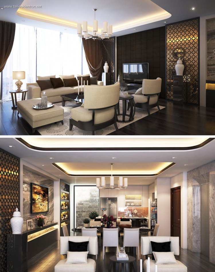 Phối cảnh nội thất 3D phòng khách + Bếp ăn chung cư phong cách và đẹp 00061