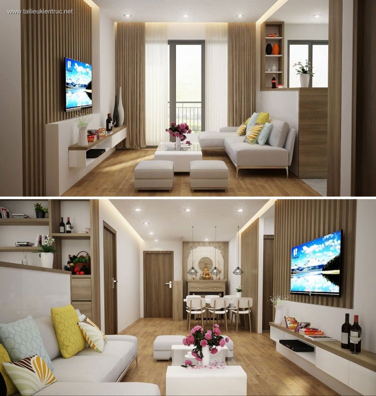 Phối cảnh nội thất 3D Phòng khách + Bếp ăn Chung cư Full 00067