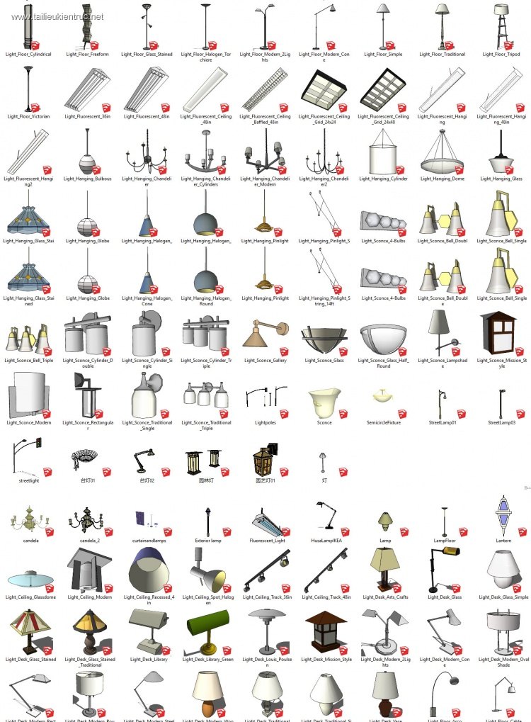 Tổng hợp thư viện Sketchup 3D gồm 96 model đèn các loại P2