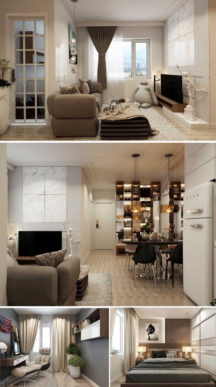 Phối cảnh nội thất 3D Phòng khách, Bếp ăn và ngủ chung cư hiện đại đẹp 00074