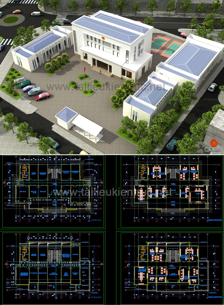 Hồ sơ thiết kế thi công UBND Xã Di Trạch mẫu 02 full kiến trúc, kết cấu và điện nước
