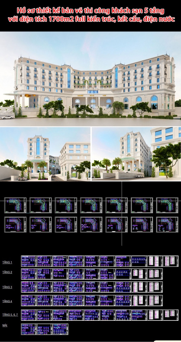 Hồ sơ thiết kế bản vẽ thi công khách sạn 5 tầng với diện tích 1700m2 full kiến trúc, kết cấu, điện nước