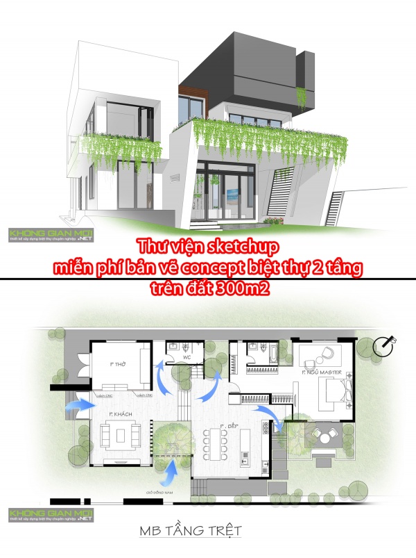 Thư viện sketchup miễn phí bản vẽ concept biệt thự 2 tầng trên đất 300m2
