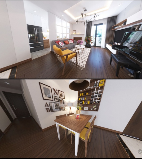 Phối cảnh nội thất 3D Phòng khách và Bếp ăn chung cư hiện đại đẹp MS 00101
