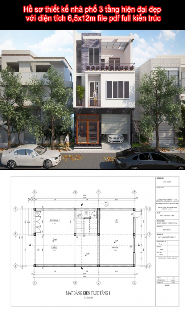 Hồ sơ thiết kế nhà phố 3 tầng hiện đại đẹp với diện tích 6,5x12m file pdf full kiến trúc