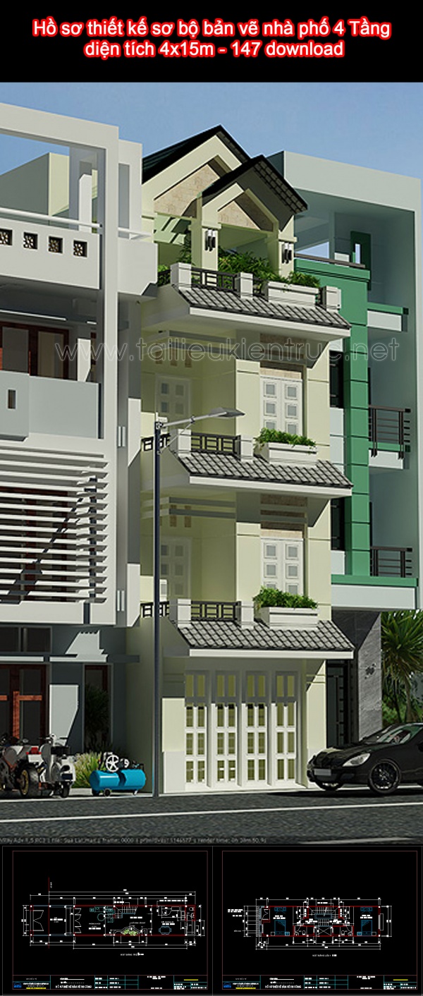 Hồ sơ thiết kế sơ bộ bản vẽ nhà phố 4 Tầng diện tích 4x15m - 147 download