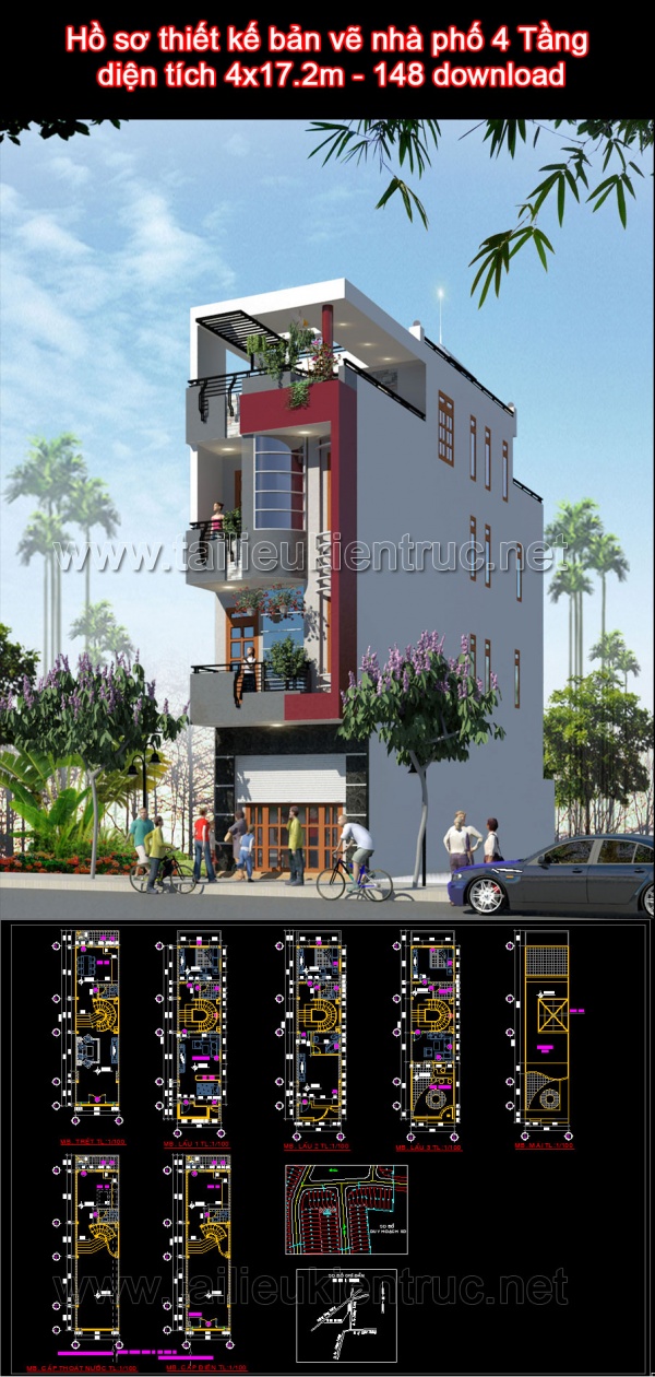 Hồ sơ thiết kế bản vẽ nhà phố 4 Tầng diện tích 4x17.2m - 148 download