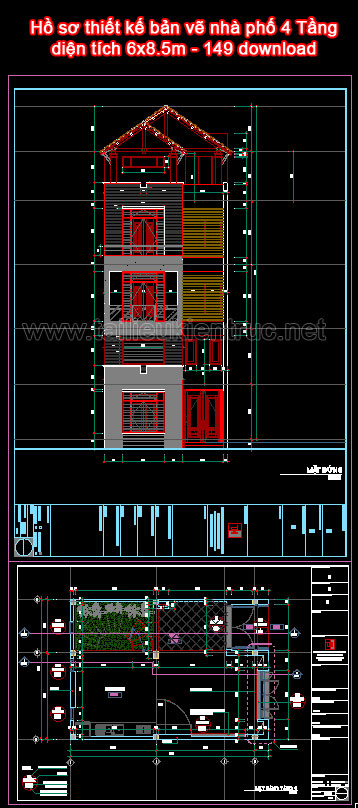 Hồ sơ thiết kế bản vẽ nhà phố 4 Tầng diện tích 6x8.5m - 149 download 
