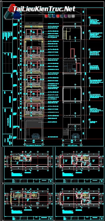 Hồ sơ thiết kế bản vẽ nhà phố 8 Tầng có thang máy diện tích 4.4x15.3m - 153 full kiến trúc, kết cấu và điện nước