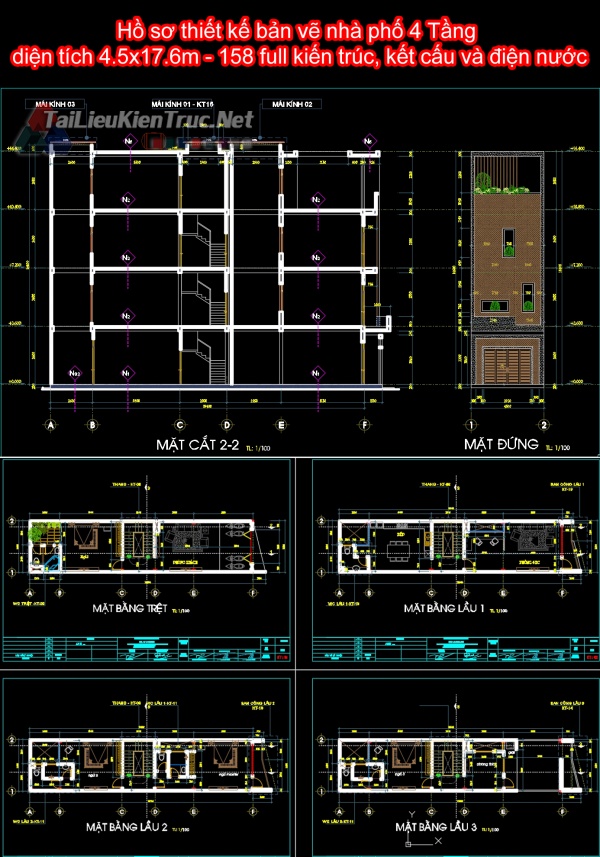 Hồ sơ thiết kế bản vẽ nhà phố 4 Tầng diện tích 4.5x17.6m - 158 full kiến trúc, kết cấu và điện nước