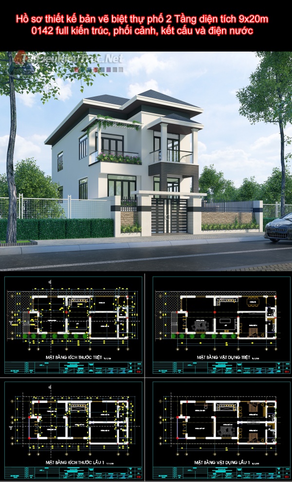 Hồ sơ thiết kế bản vẽ biệt thự phố 2 Tầng diện tích 9x20m - 0142 full kiến trúc, phối cảnh, kết cấu và điện nước