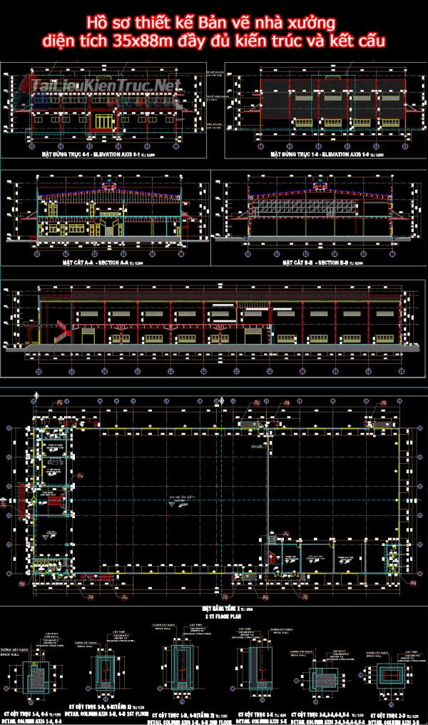 Hồ sơ thiết kế Bản vẽ nhà xưởng diện tích 35x88m đầy đủ kiến trúc và kết cấu