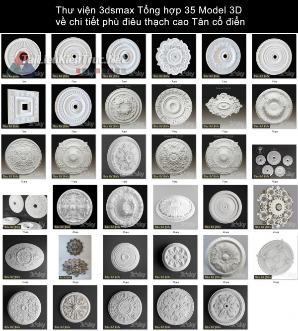 Thư viện 3dsmax Tổng hợp 35 Model 3D về chi tiết phù điêu thạch cao Tân cổ điển