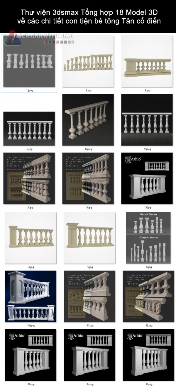 Thư viện 3dsmax Tổng hợp 18 Model 3D về các chi tiết con tiện bê tông Tân cổ điển	
