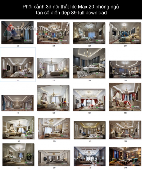 Phối cảnh 3d nội thất file Max 20 phòng ngủ tân cổ điển đẹp 89 full download 