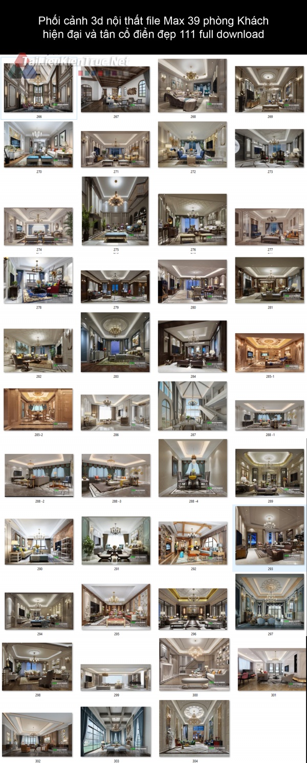 Phối cảnh 3d nội thất file Max 39 phòng Khách hiện đại và tân cổ điển đẹp 111 full download 