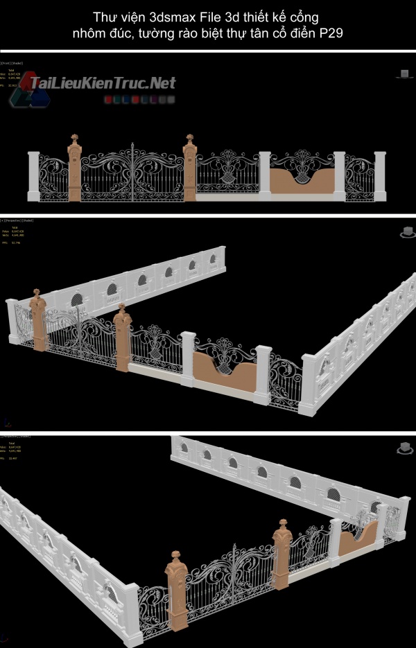 Thư viện 3dsmax File 3d thiết kế cổng nhôm đúc, tường rào biệt thự tân cổ điển P29