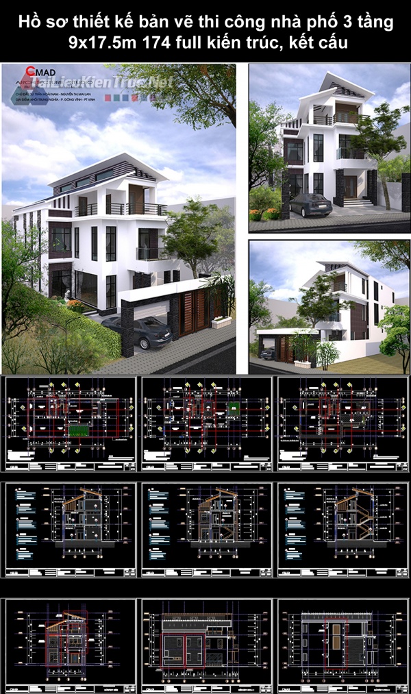 Hồ sơ thiết kế bản vẽ thi công nhà phố 3 tầng 9x17.5m 174 full kiến trúc, kết cấu