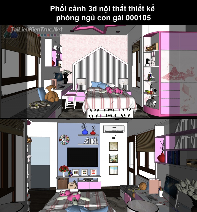 Phối cảnh 3d nội thất thiết kế phòng ngủ con gái 000105