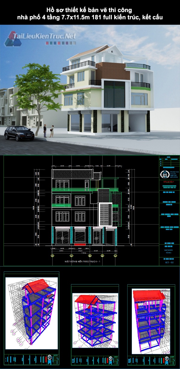 Hồ sơ thiết kế bản vẽ thi công nhà phố 4 tầng 7,7×11,5m 181 full kiến trúc, kết cấu