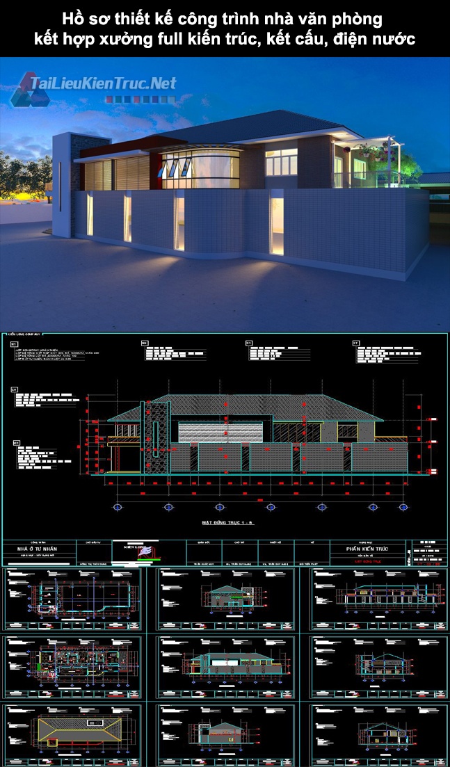 Hồ sơ thiết kế công trình nhà văn phòng kết hợp xưởng full kiến trúc, kết cấu, điện nước