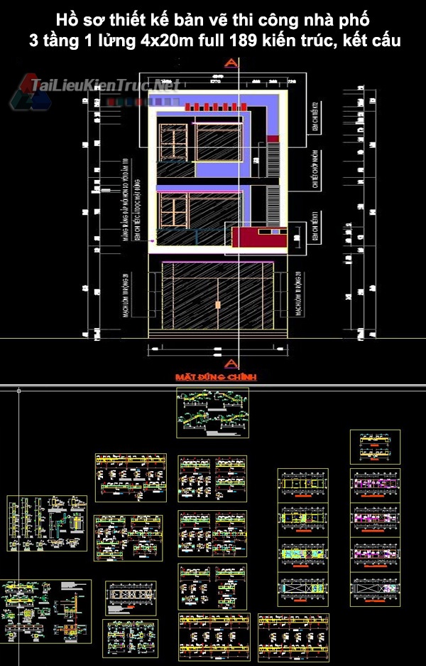 Hồ sơ thiết kế bản vẽ thi công nhà phố 3 tầng 1 lửng 4x20m 189 full kiến trúc, kết cấu 