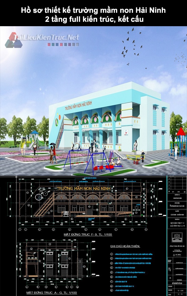 Hồ sơ thiết kế trường mầm non Hải Ninh 2 tầng full kiến trúc, kết cấu