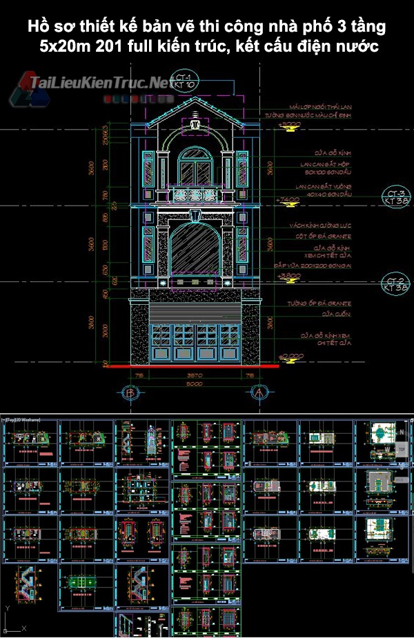 Hồ sơ thiết kế bản vẽ thi công nhà phố 3 tầng 5x20m 201 full kiến trúc, kết cấu, điện nước 