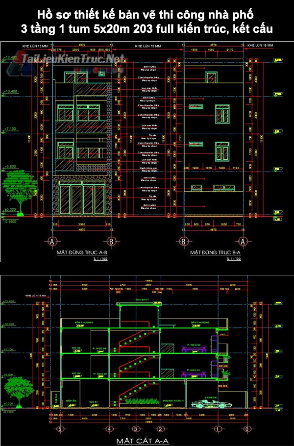 Hồ sơ thiết kế bản vẽ thi công nhà phố 3 tầng 1 tum 5x20m 203 full kiến trúc, kết cấu 