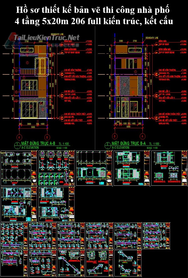 Hồ sơ thiết kế bản vẽ thi công nhà phố 4 tầng 5x20m 206 full kiến trúc, kết cấu