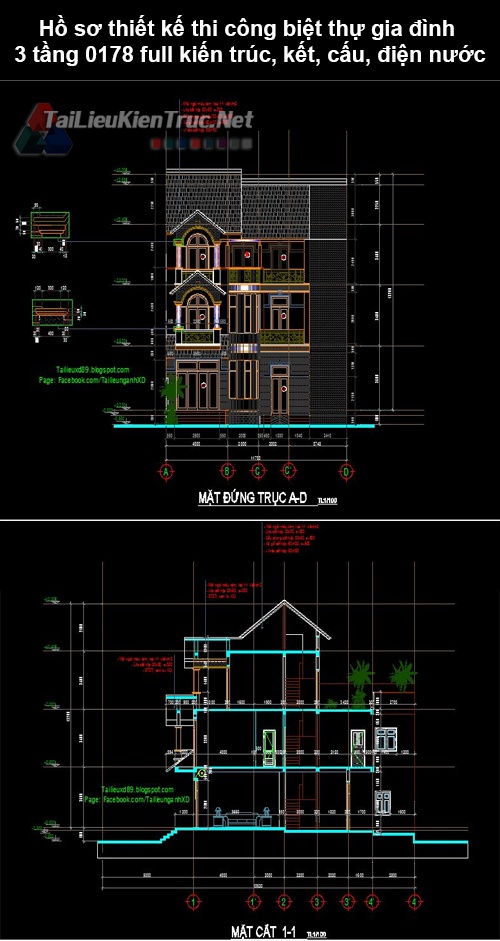 Hồ sơ thiết kế thi công biệt thự gia đình 3 tầng 0178 full kiến trúc, kết cấu, khối lượng