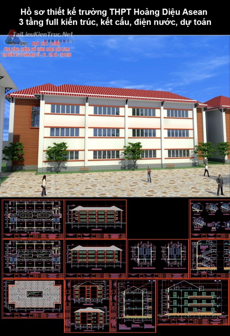 Hồ sơ thiết kế trường THPT Hoàng Diệu Asean 3 tầng full kiến trúc, kết cấu, điện nước, dự toán