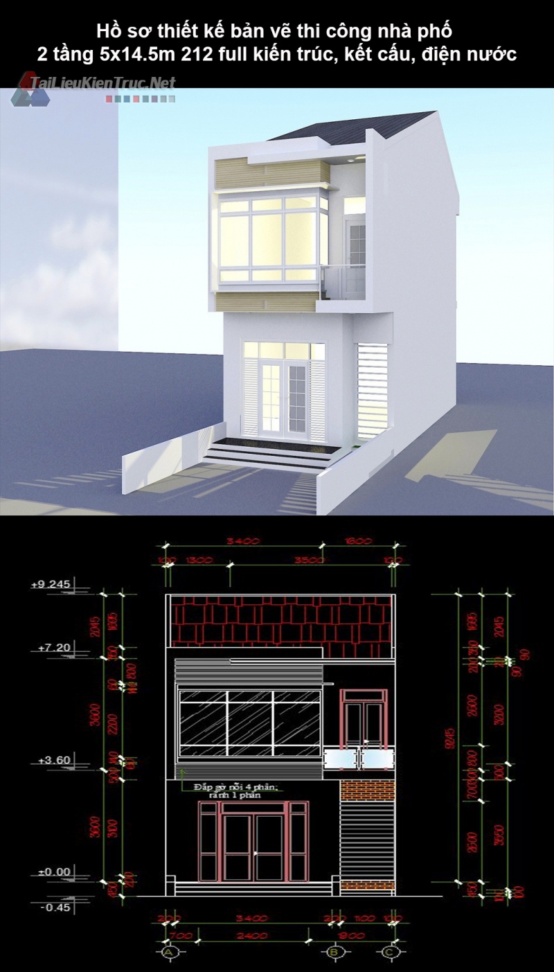 Hồ sơ thiết kế bản vẽ thi công nhà phố 2 tầng 5x14.5m 212 full kiến trúc, kết cấu, điện nước 