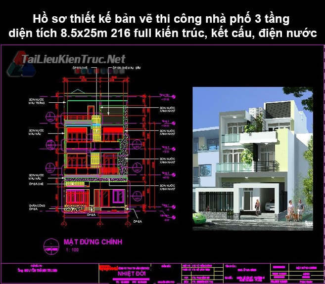 Hồ sơ thiết kế bản vẽ thi công nhà phố 3 tầng diện tích 8.5x25m 216 full kiến trúc, kết cấu, điện nước