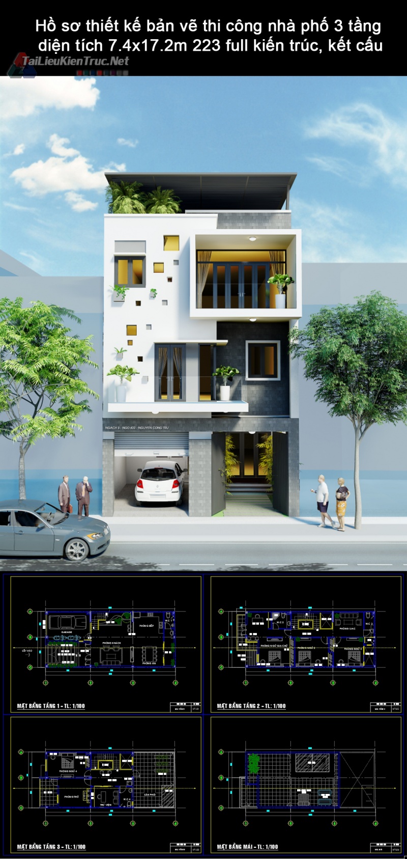 Hồ sơ thiết kế bản vẽ thi công nhà phố 3 tầng diện tích 7.4x17.2m 223 full kiến trúc, kết cấu