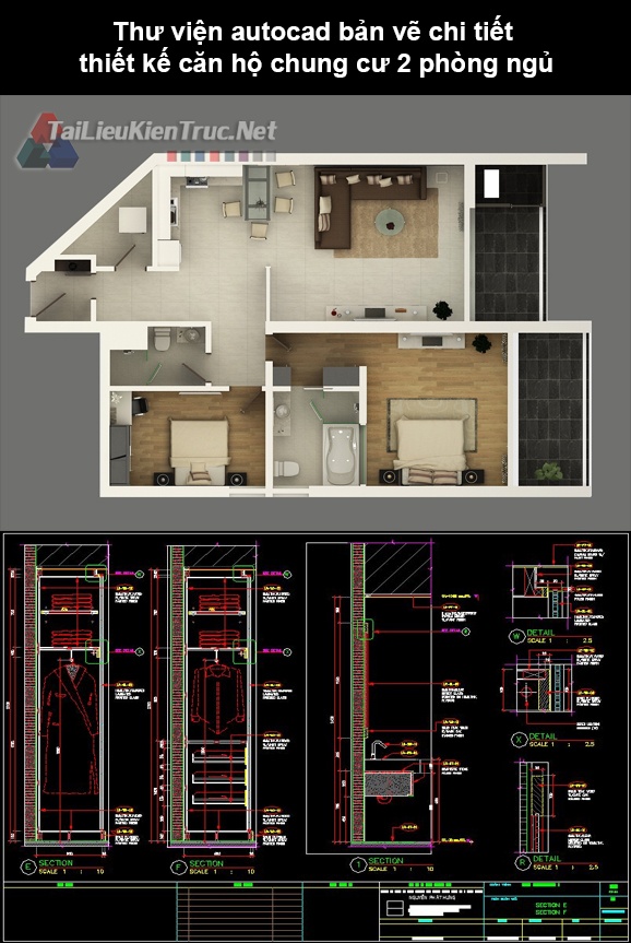 Thư viện autocad bản vẽ chi tiết thiết kế căn hộ chung cư 2 phòng ngủ
