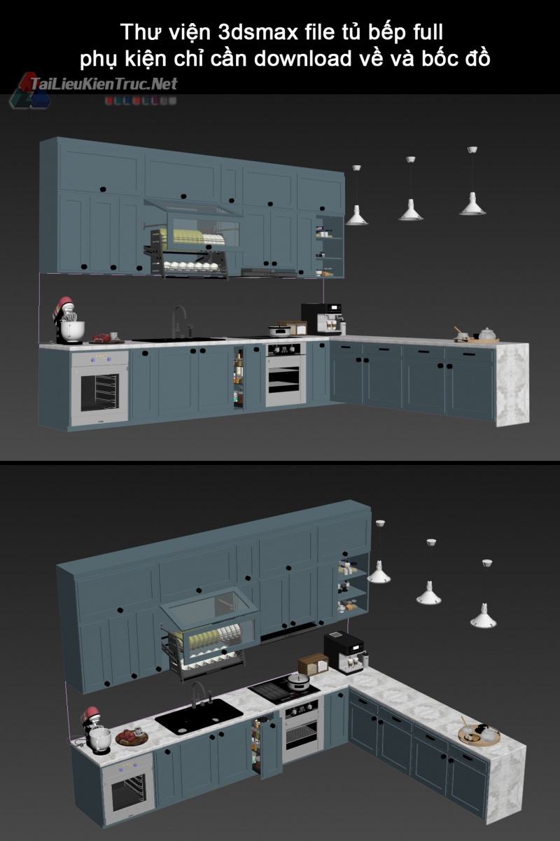 Thiết kế thư viện phòng bếp 3Dmax sang trọng và nổi bật