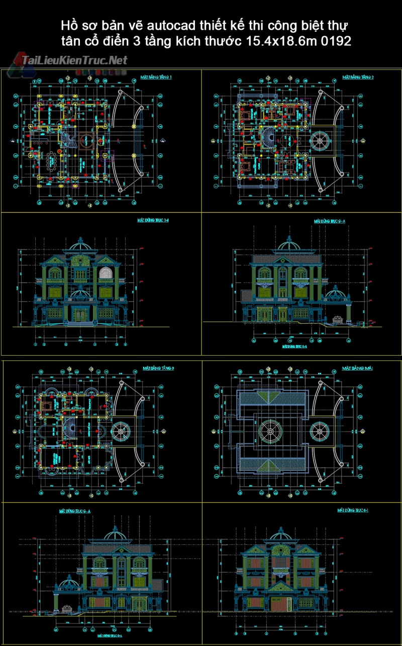 Hồ sơ bản vẽ autocad thiết kế thi công biệt thự tân cổ điển 3 tầng kích thước 15.4x18.6m 0192