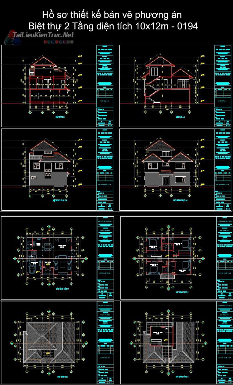 Hồ sơ thiết kế bản vẽ phương án Biệt thự 2 Tầng diện tích 10x12m - 0194