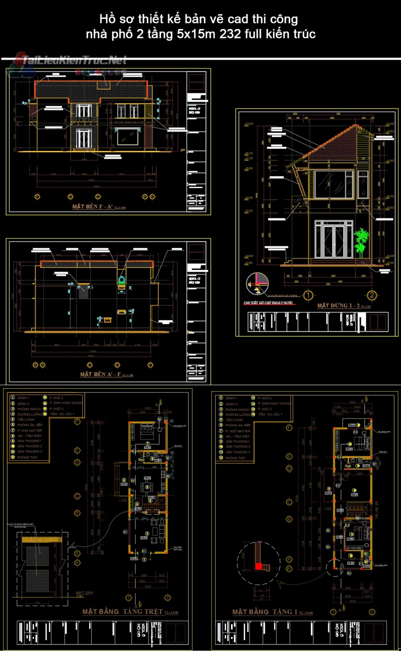 Hồ sơ thiết kế bản vẽ cad thi công nhà phố 2 tầng 5x15m 232 full kiến trúc