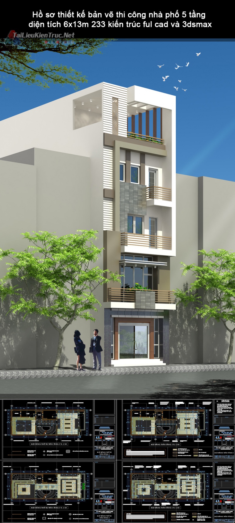 Hồ sơ thiết kế bản vẽ thi công nhà phố 5 tầng diện tích 6x13m 233 kiến trúc ful cad và 3dsmax