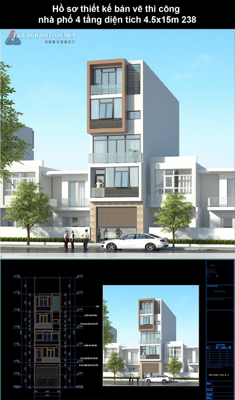 Hồ sơ thiết kế bản vẽ thi công nhà phố 4 tầng diện tích 4.5x15m 238 
