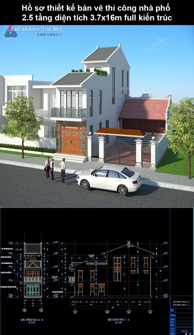 Hồ sơ thiết kế bản vẽ thi công nhà phố 2.5 tầng diện tích 3.7x16m 240 full kiến trúc