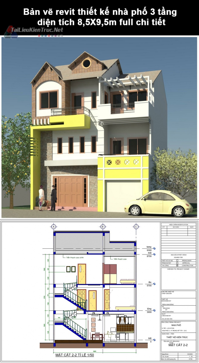 Bản vẽ revit thiết kế nhà phố 3 tầng diện tích 8,5X9,5m full chi tiết