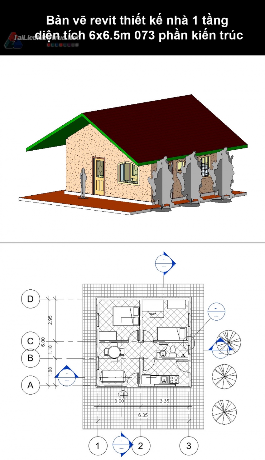 Bản vẽ revit thiết kế nhà 1 tầng diện tích 6x6.5m 073 phần kiến trúc
