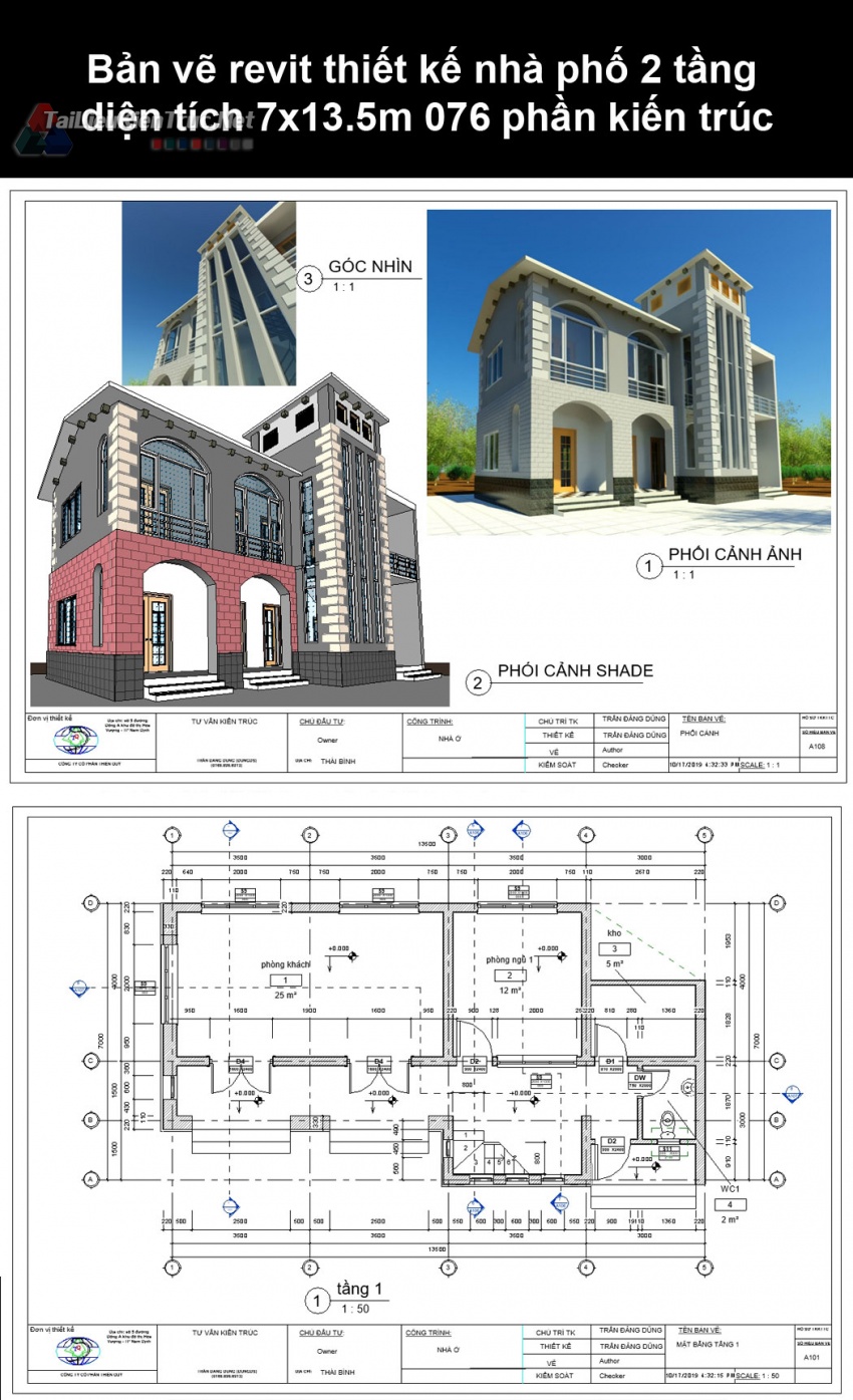 Bản vẽ revit thiết kế nhà phố 2 tầng diện tích 7x13.5m 076 phần kiến trúc
